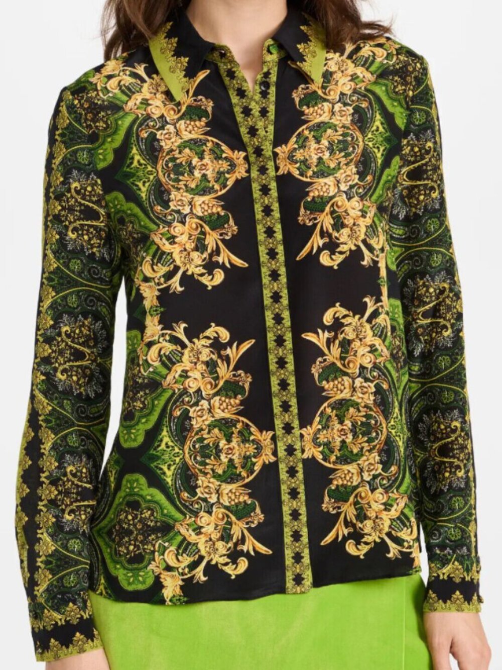 Alice + Olivia Willa Rendezvous Blouse Top Silk Green Black Floral Paisley Sz M